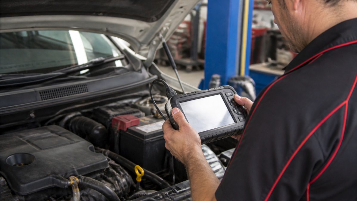Mechanic using a diagnostic scanner on an engine during an electrical fault check