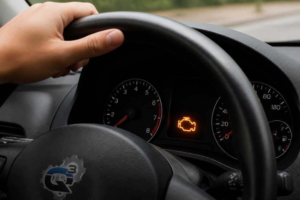 Close-up of a driver's hand on the steering wheel with the illuminated check engine light visible on the dashboard in sharp focus