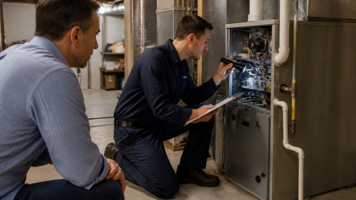 A professional home inspector in uniform with a clipboard and flashlight examining a furnace in a clean basement, homeowner standing nearby observing