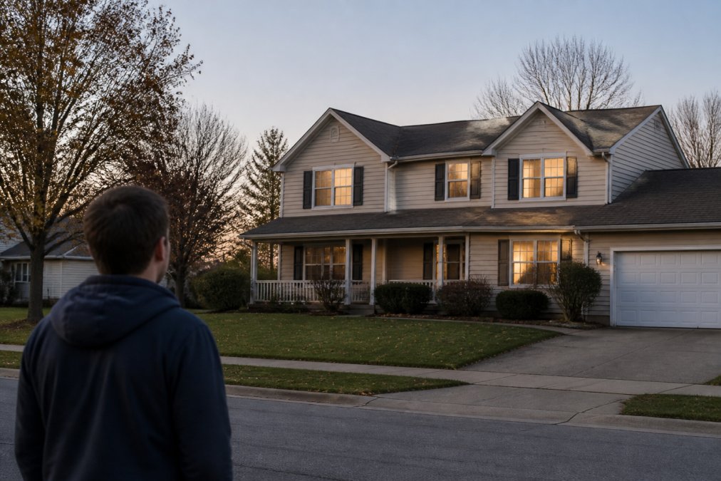 Homeowner standing across the street at dusk looking up at an uneven roofline on a two-story suburban house
