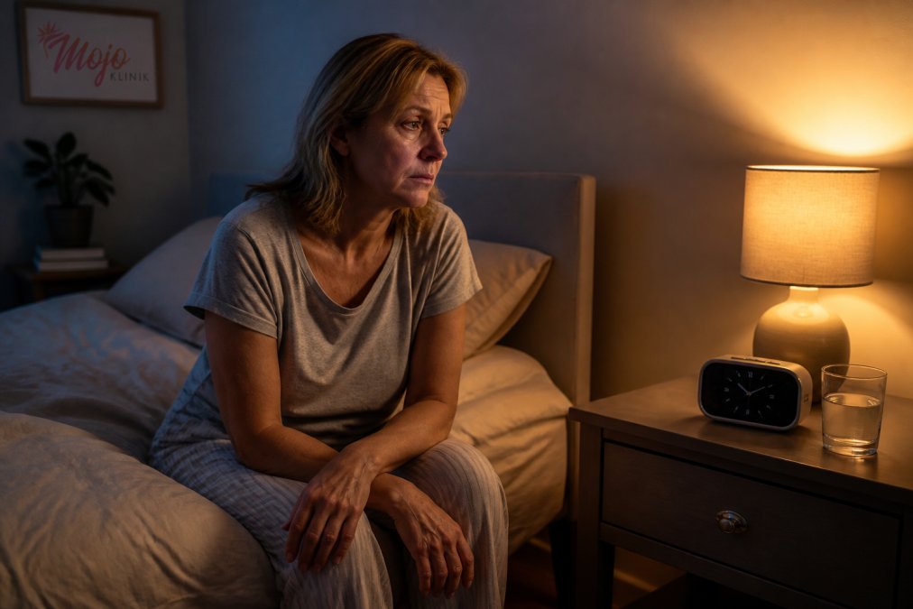 Woman in her forties sitting on a bed looking at a clock during a hormonal imbalance sleep disruption at 3 am.