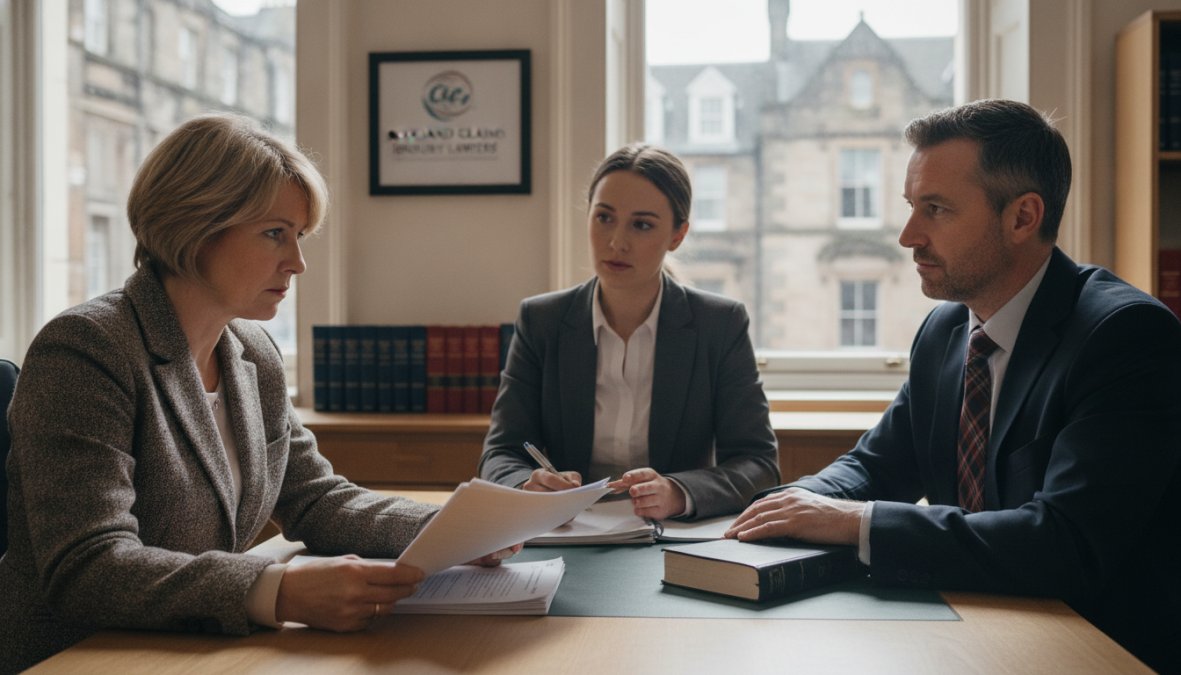 Professional woman in Glasgow office reviewing legal documents at desk with concerned expression, telephone nearby, natural office lighting