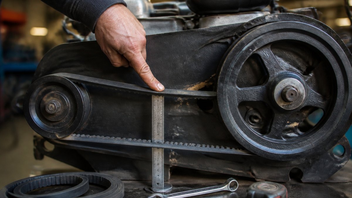 Technician using a ruler to check deflection on a V-belt that may be too tight between two engine pulleys.