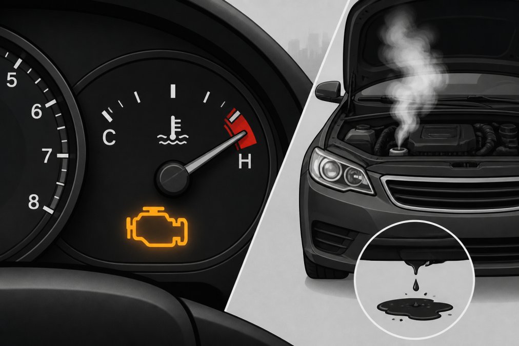 Close-up of a vehicle dashboard with the check engine light illuminated and temperature gauge in the red zone, showing steam rising from under the hood