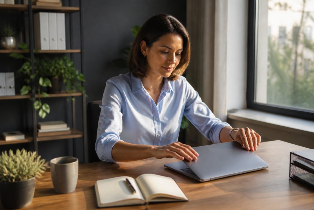 Professional sitting at desk in late afternoon natural light, closing laptop with calm expression, journal and pen visible on desk, organized workspace in background
