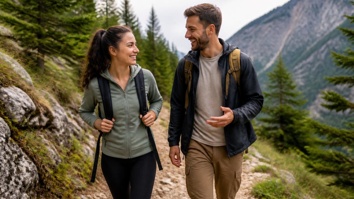 Engaged couple on a hiking trail, laughing and talking, with no wedding planning materials or phones visible, showing genuine disconnection from wedding stress