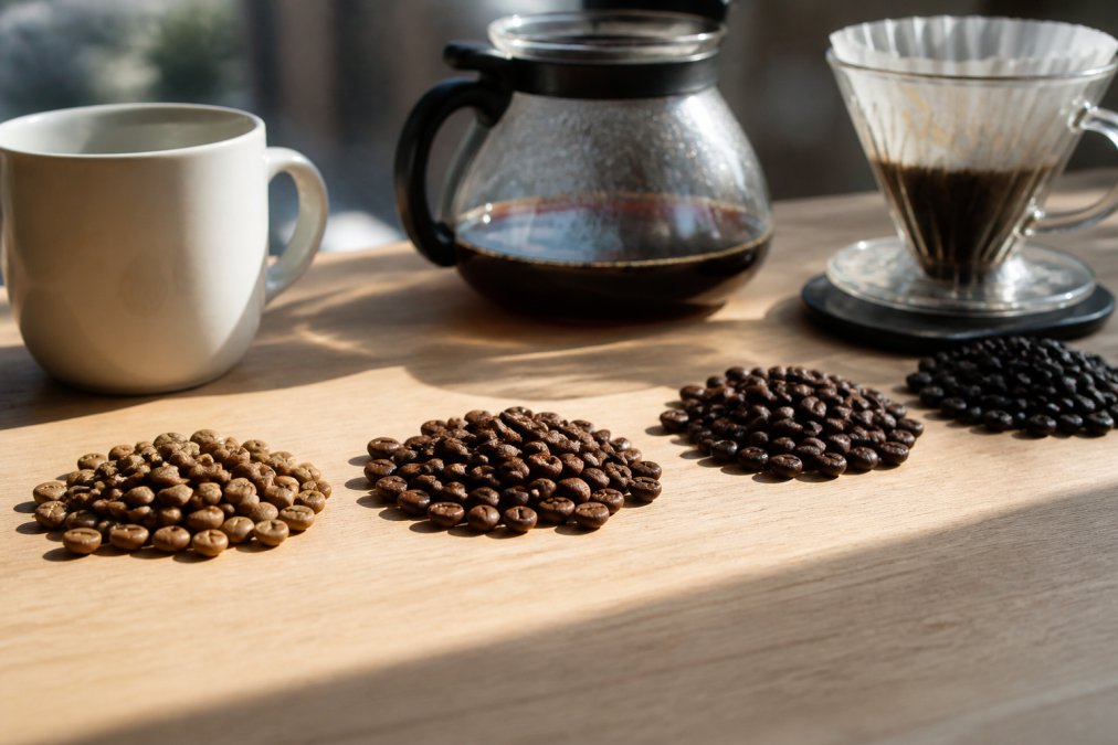 Close-up of specialty coffee beans in various roast levels arranged in small piles on a light wooden surface, with a white ceramic mug and pour-over brewing equipment nearby, natural morning light streaming across