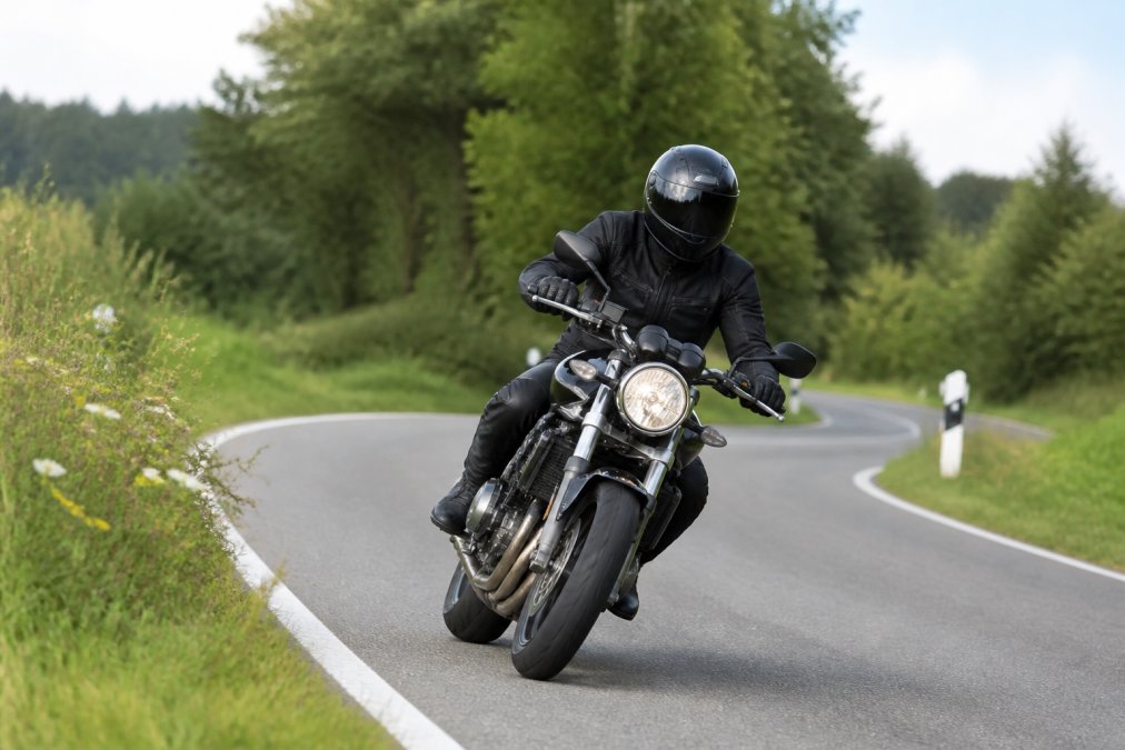 Een motorrijder in volledige beschermende kleding maakt een proefrit op een naked bike over een bochtige landweg, met focus op de rijervaring en veiligheid