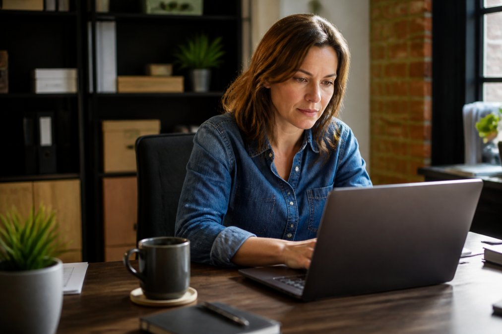 Een zelfstandige ondernemer achter een laptop in een klein kantoor, met een beveiligingspictogram op het scherm en een kop koffie naast zich