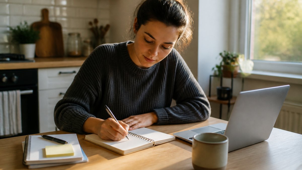 Founder writing a 5-step framework for starting a business on a notepad at a kitchen table with coffee.