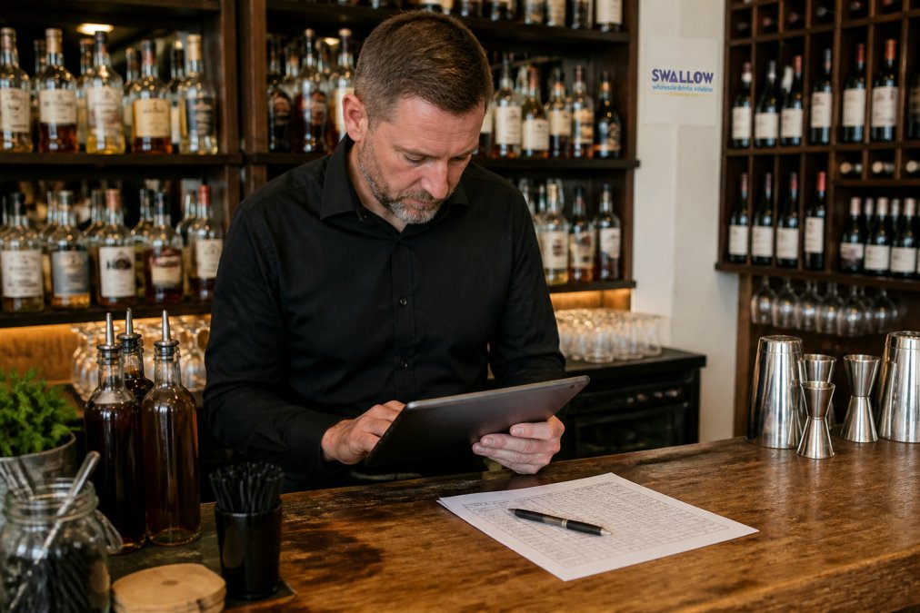 A bar manager in a busy pub using a tablet to check stock levels against a printed stock taking template on the bar counter, with shelves of spirits and wines visible behind them