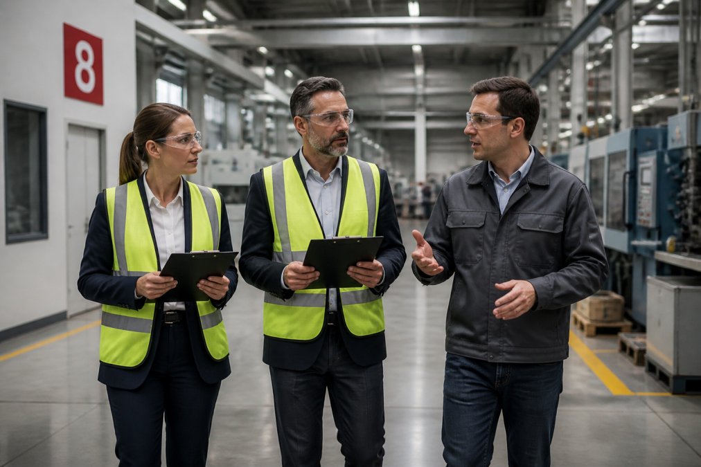 Two auditors in business attire and high-visibility vests walking a production floor with a factory manager, clipboards and safety glasses in hand, industrial machinery in the background