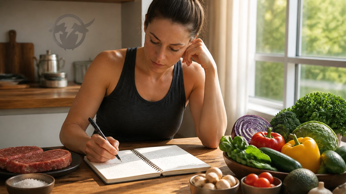 Person reviewing food journal at kitchen table with notebook, fresh vegetables, and grass-fed beef visible, natural morning light through window