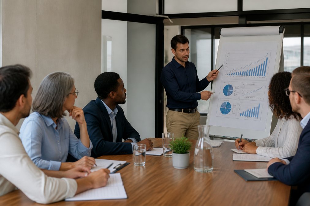 Business professional presenting SEO performance metrics and traffic growth charts to colleagues during a strategy meeting in modern conference room