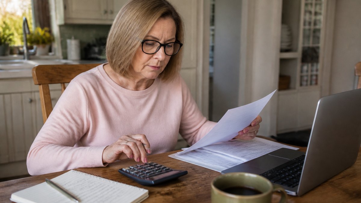 A homeowner at a kitchen table reviewing a printed closing statement and calculator beside a laptop, with a pen and notepad showing handwritten numbers