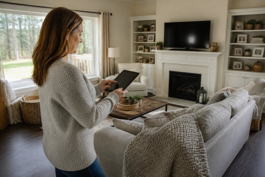 A homeowner standing in a bright living room, reviewing a home inventory list on a tablet while furniture and personal belongings fill the space around them