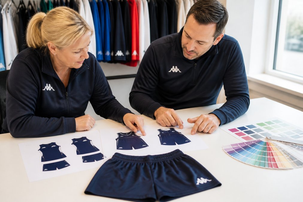 A club manager and designer sitting together at a bright desk reviewing printed netball kit design proofs, with colour swatches spread out and both pointing at logo placement details