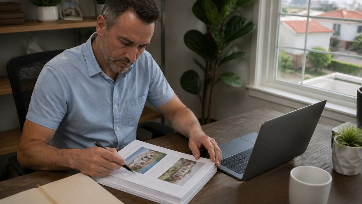 Real estate investor reviewing property listings for fast capital deployment at a bright San Antonio home office desk