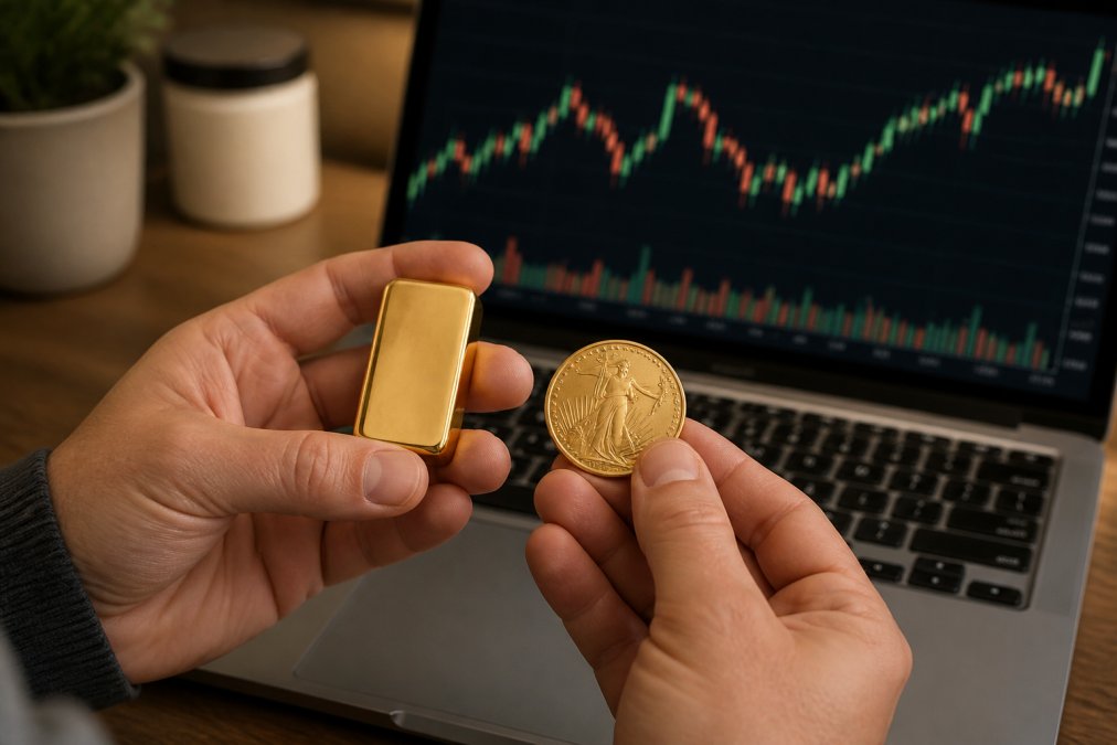 Close-up of a person's hands holding a small gold bar and a gold coin, with a laptop showing an ETF chart in the background, warm indoor lighting