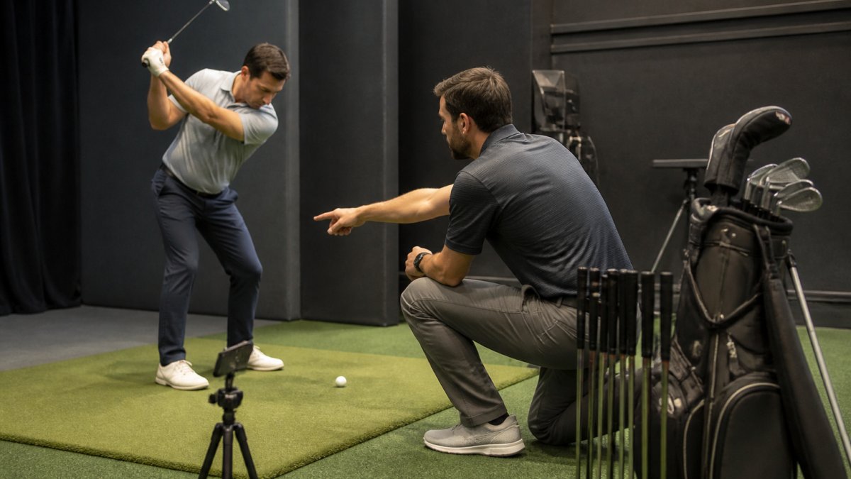 Professional golf instructor analyzing golfer's swing using high-precision tracking technology in modern indoor golf bay with multiple simulator screens displaying real-time swing metrics