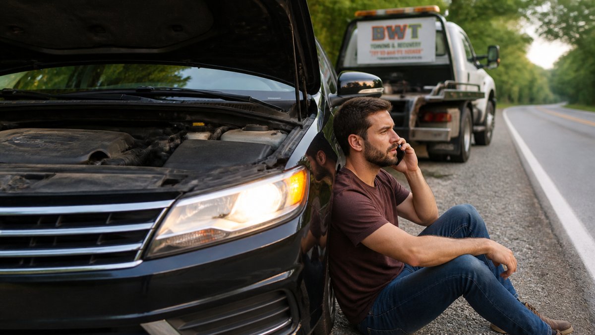 Driver with hazard lights on calling for roadside assistance after a dead battery incident on the roadside.