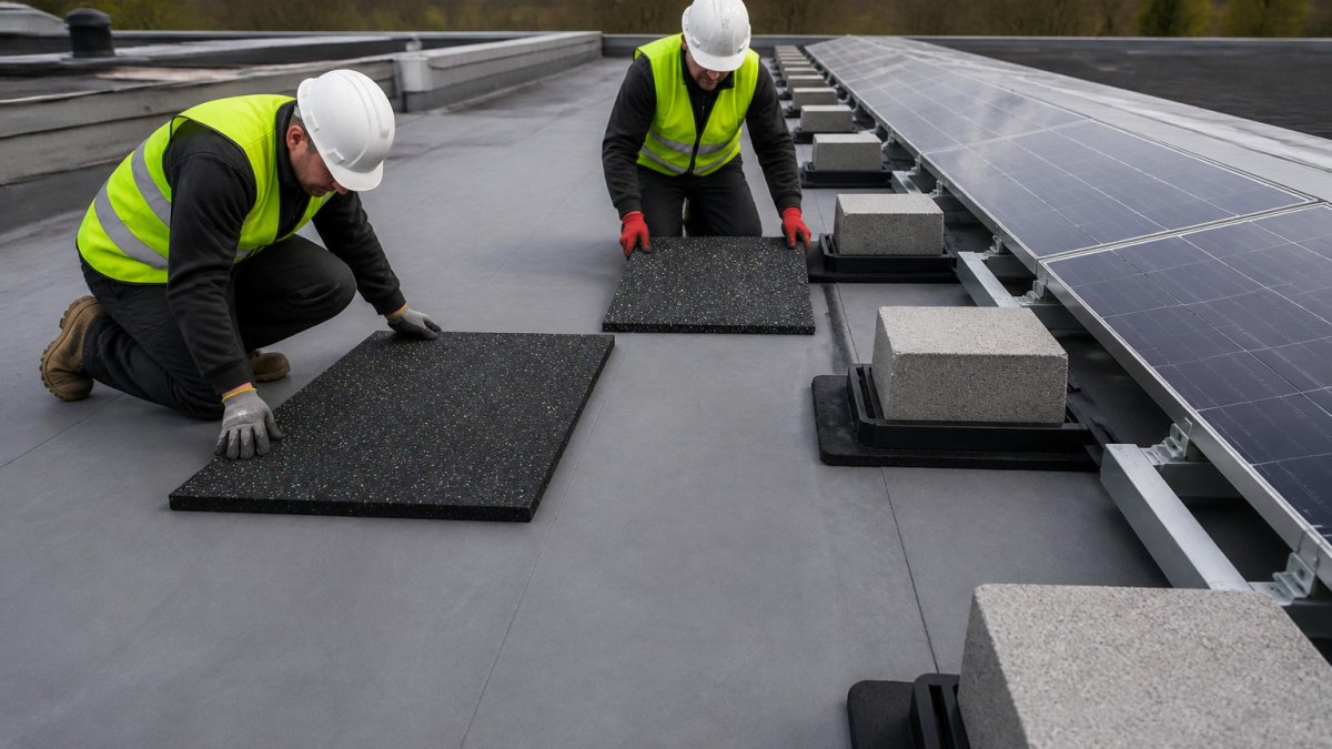 Installers place protective pads under solar panels on commercial EPDM roofs before adding ballast blocks.