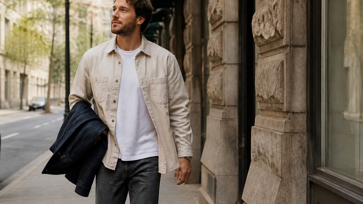 Man in a fitted tee and overshirt walking on a city street with a jacket draped over his arm during spring