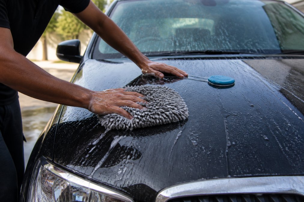 Professional detailer using a microfiber mitt and clay bar on a wet car exterior during washing, with water streaming across the hood under bright natural light