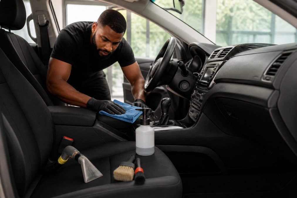 Professional detailer cleaning car interior with upholstery shampoo, using brushes and microfiber towels on seats and dashboard, with natural light from windows