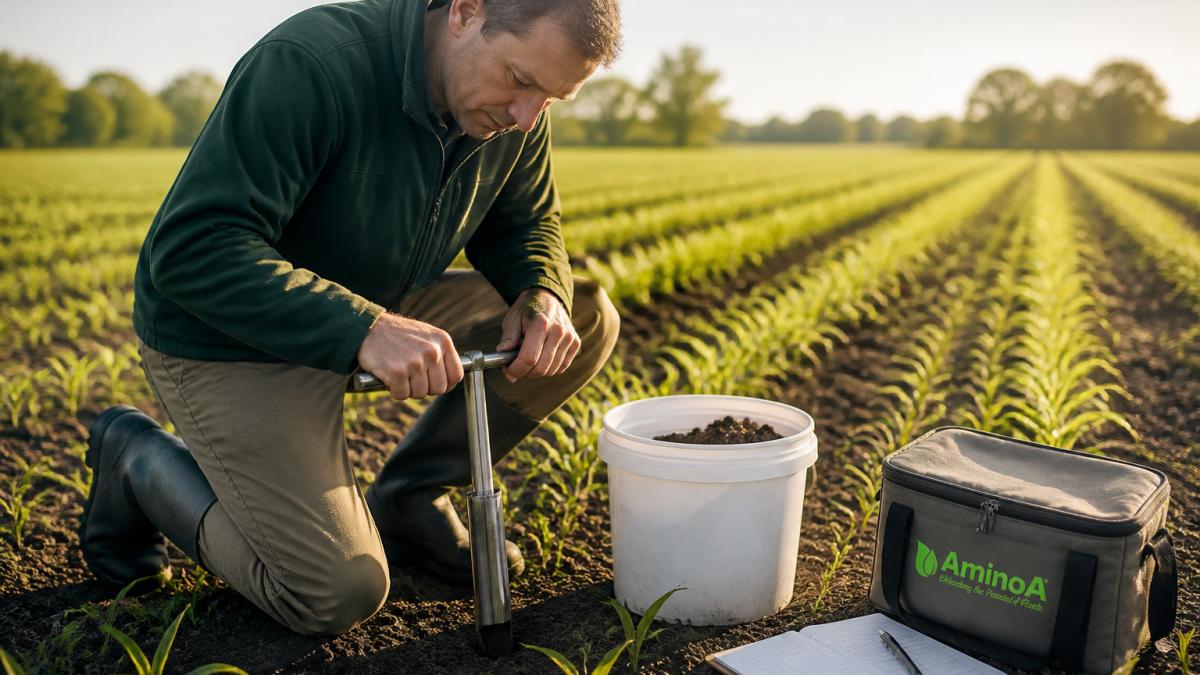 Farmer in field collecting soil samples using a soil auger, extracting core samples from multiple locations and placing them into a clean white container, morning sunlight across the field