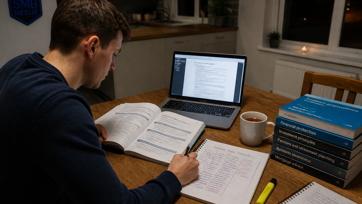 Infographic showing a weekly study timetable and learning materials on a kitchen table during an evening session