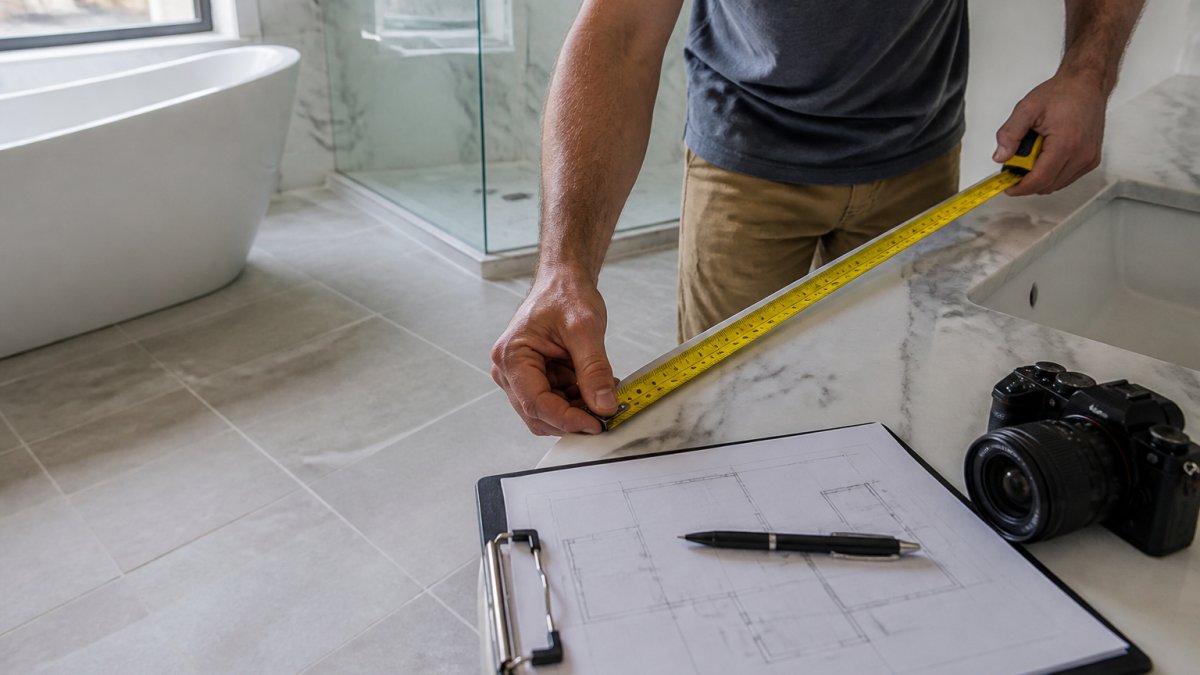Homeowner measuring bathroom dimensions with tape measure, documenting existing fixtures and layout with clipboard and camera in preparation for renovation planning