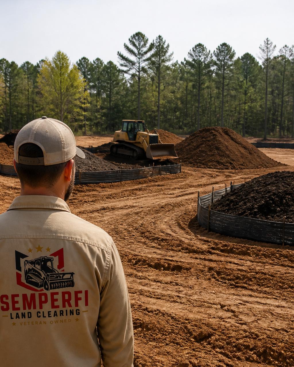 Diagram showing the process of protecting topsoil during land clearing through organized stockpiling and barriers.