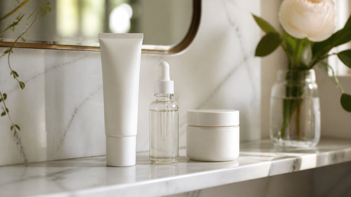A simple three-bottle skincare lineup on a bathroom shelf with soft morning light, showing a cleanser, a serum, and a moisturizer with SPF nearby