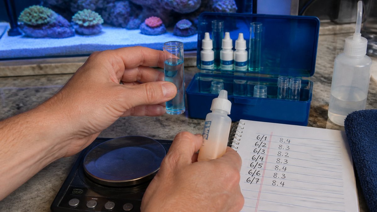 Hands testing reef aquarium water with a vial and recording results in a log book