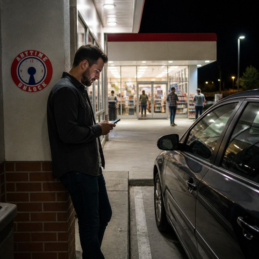 A person uses their phone for help during a car lockout at night at a well-lit gas station.