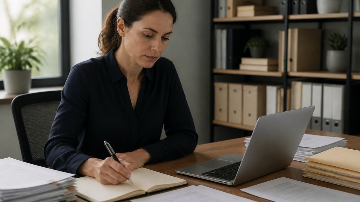 Professional at desk with laptop and notebook, reviewing personal data removal requests from multiple broker websites, natural office lighting