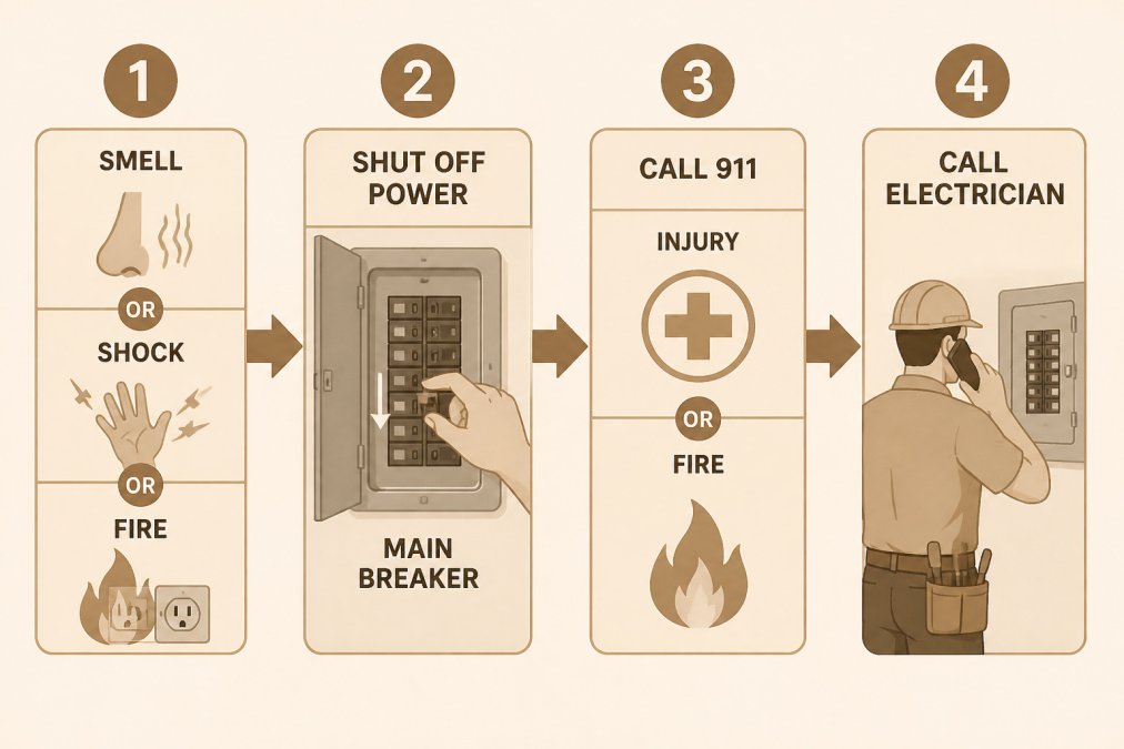 Flowchart for an electrical emergency showing steps to shut off the main breaker and when to call 911 or an electrician.
