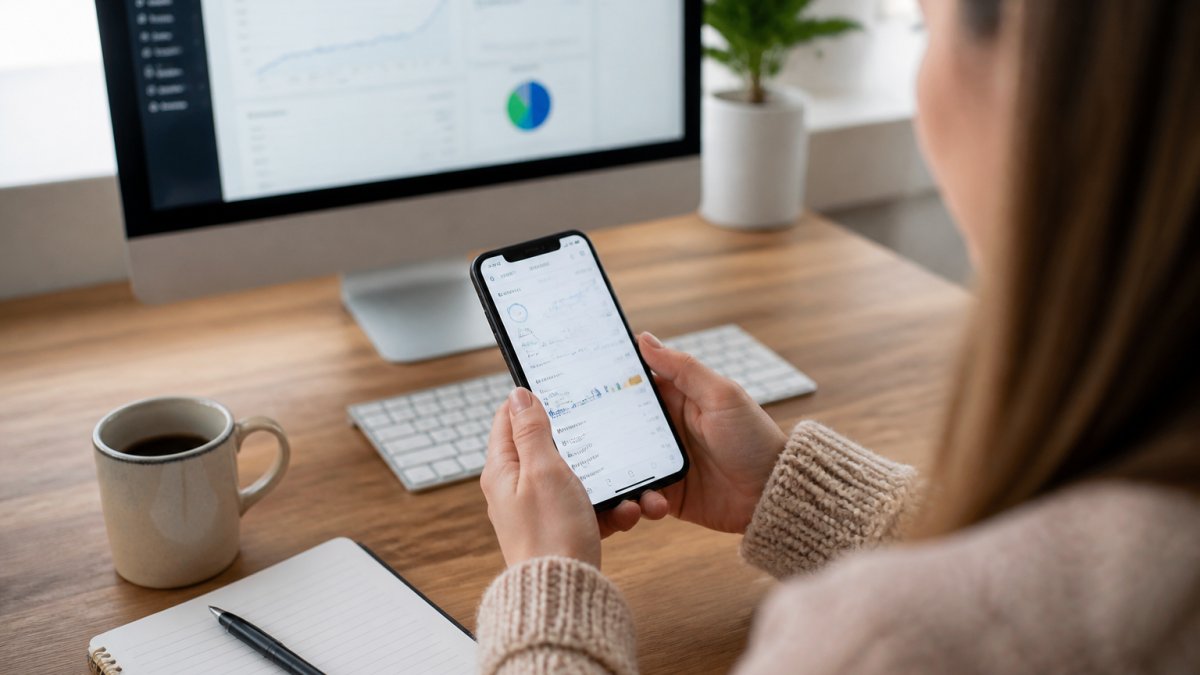 Woman holding smartphone displaying Instagram Insights dashboard with analytics metrics visible on screen, seated at desk with notebook and pen nearby, natural window lighting