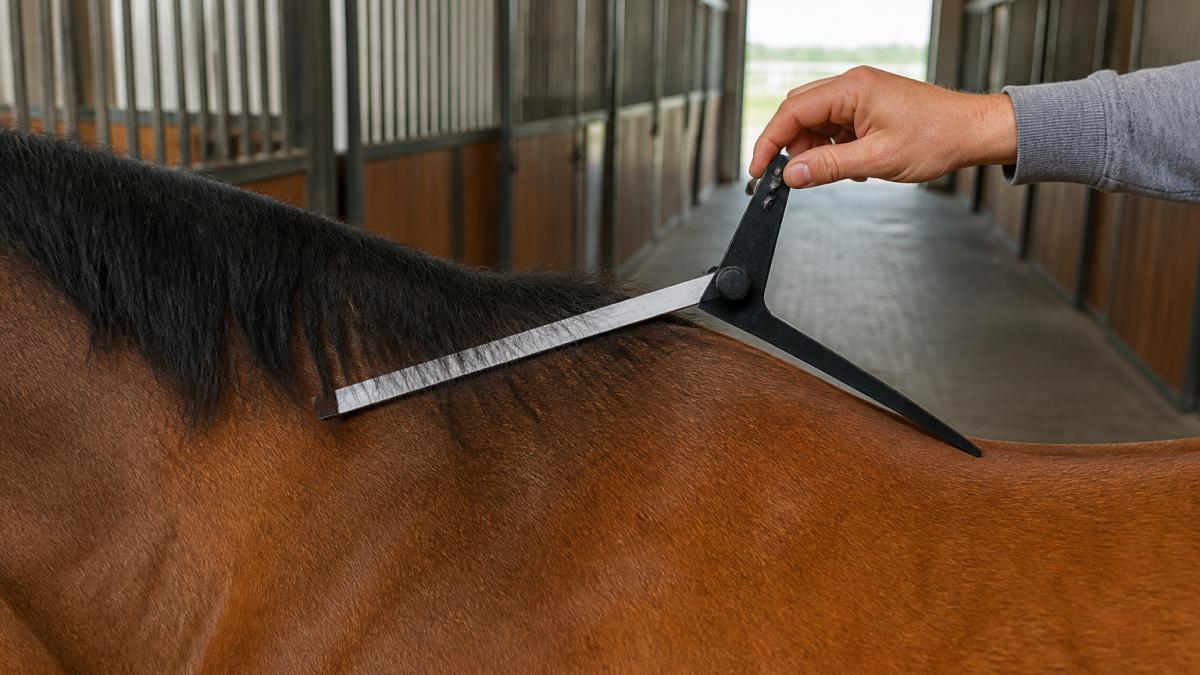 Close-up of a saddle fitting gauge positioned on a horse's back just behind the withers, showing proper placement angle on a bay horse standing on level ground in a barn aisle