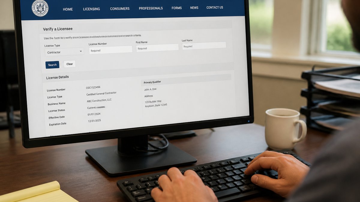 Close-up of hands on a keyboard with a state licensing board website displayed on a computer monitor, showing a verification portal form with search fields and contractor license details