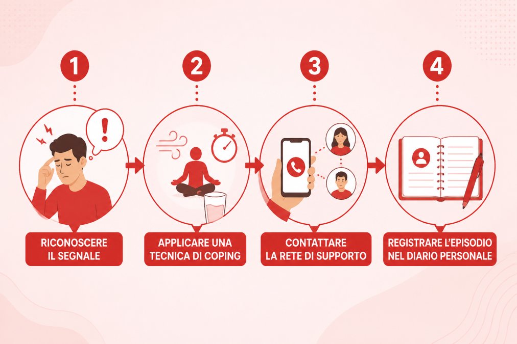 Diagramma di flusso in quattro passi: 1) Riconoscere il segnale, 2) Applicare una tecnica di coping, 3) Contattare la rete di supporto, 4) Registrare l'episodio nel diario personale
