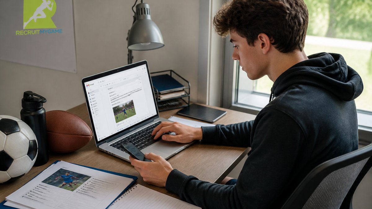 Student-athlete emailing a college coach to secure full ride sports scholarships while viewing their profile