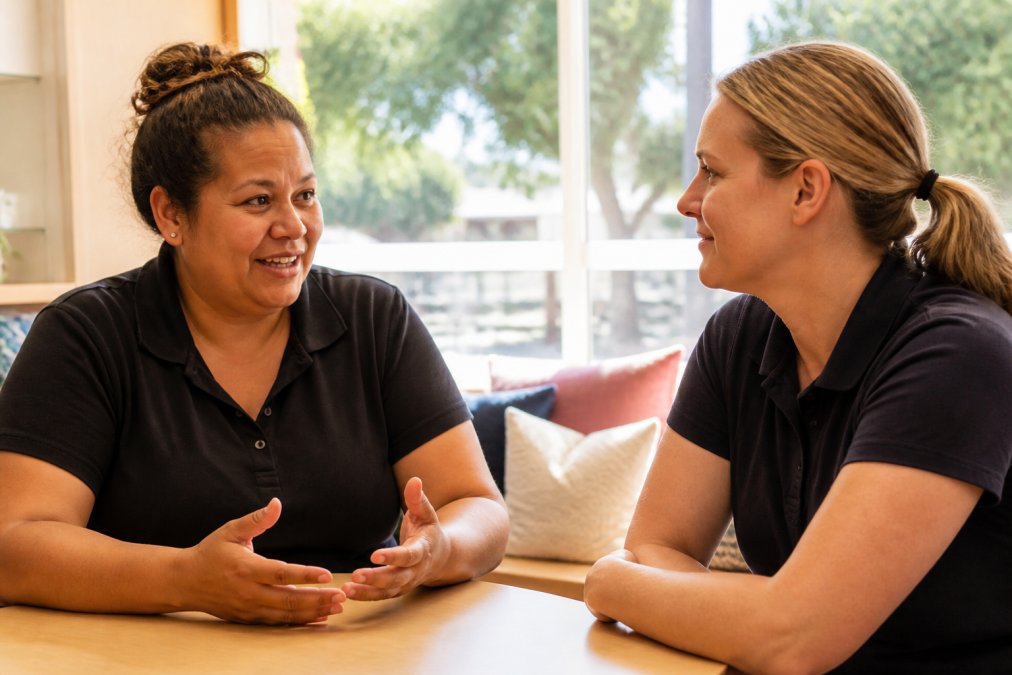 Two early childhood educators sitting together in a bright staff room, one speaking while the other listens attentively with a warm, open expression, natural daylight through the window