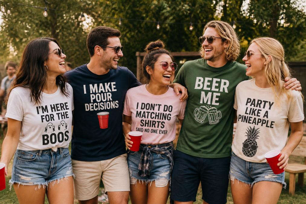 A group of young adults at a casual outdoor party, laughing and wearing different funny graphic tees with bold slogans, warm natural lighting, candid moment
