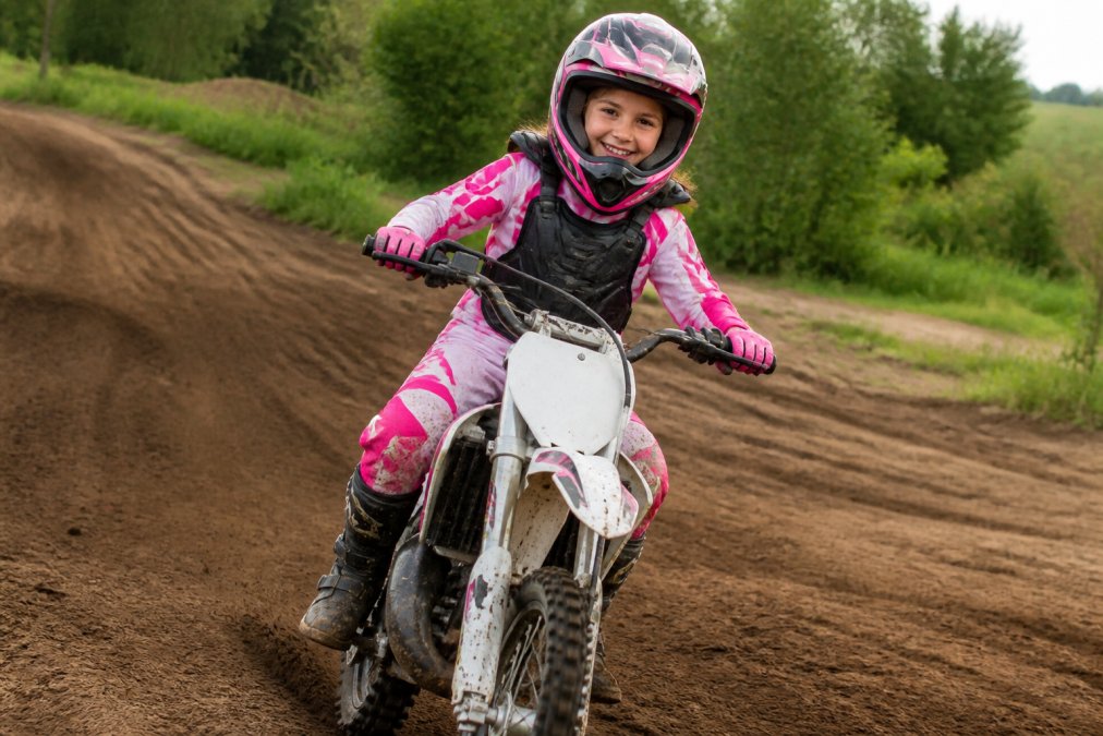 Young girl riding a dirt bike while wearing stylish rose pink motocross outfits on a track
