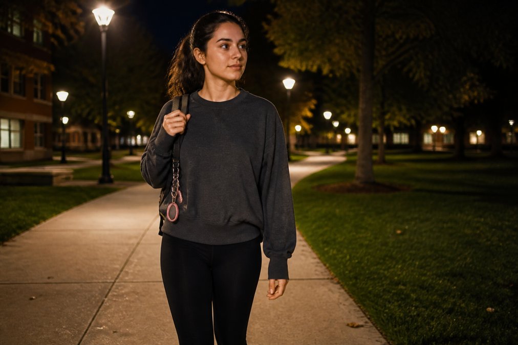 A young woman walking alone at night on a lit college campus sidewalk, looking alert and confident, with earbuds out and a keychain safety alarm clipped visibly to her bag strap under warm lamplight
