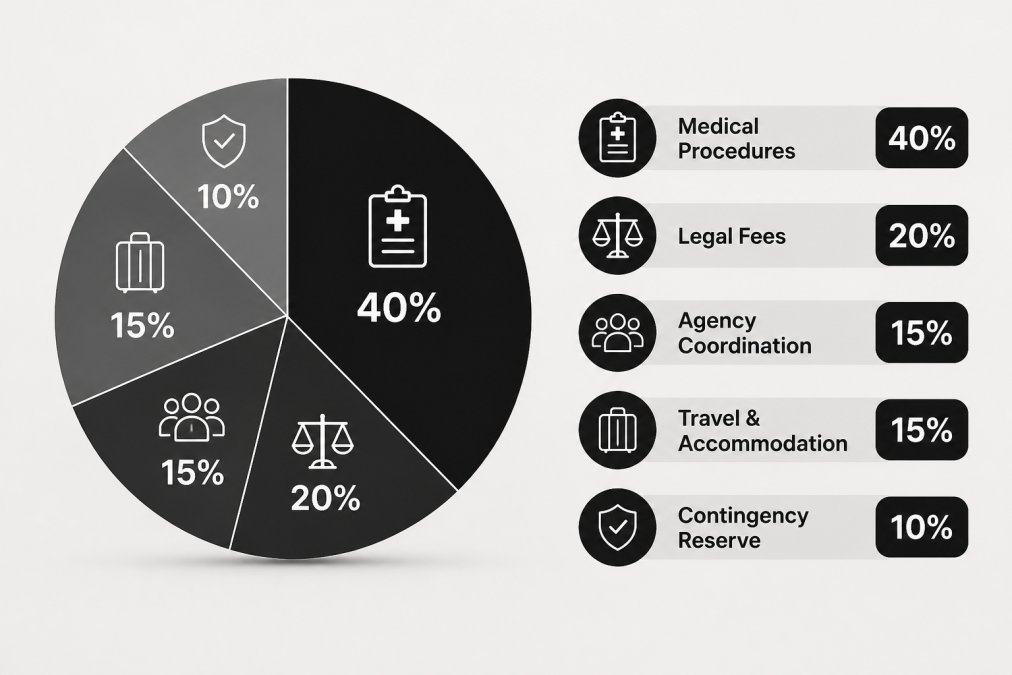 Pie chart breaking down international surrogacy financial planning costs into medical, legal, agency, travel, and reserve.