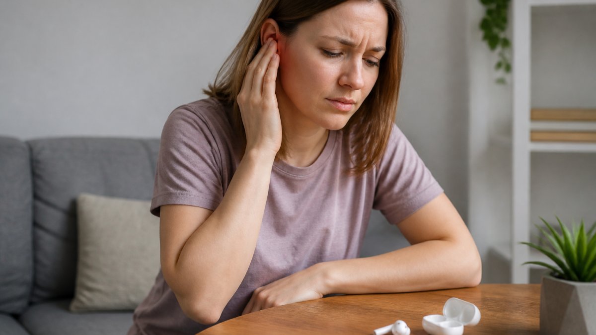 Close-up of a person touching their ear with a concerned expression, sitting in a quiet space with earbuds visible nearby on a table