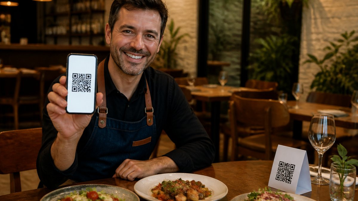 Propietario de restaurante mostrando un menú digital mediante código QR en un dispositivo móvil sobre una mesa.